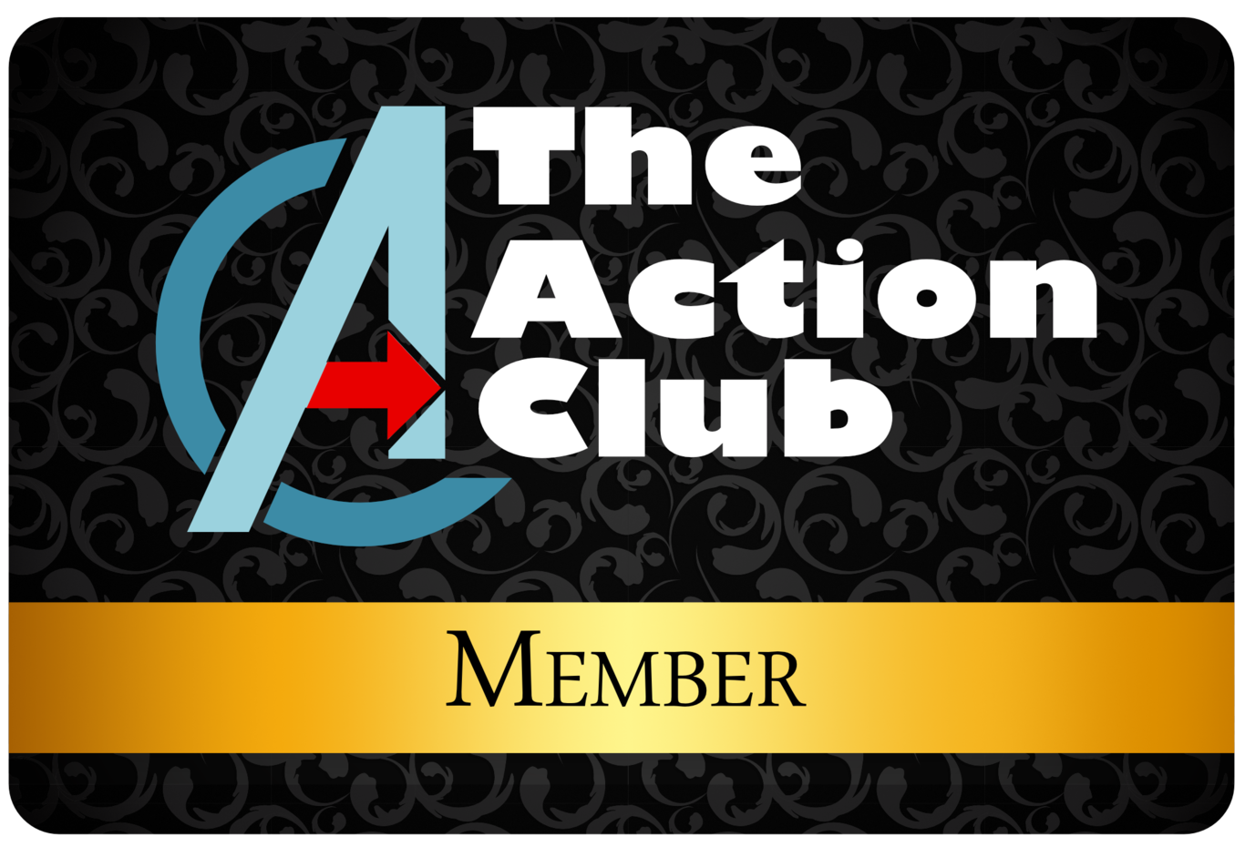 A membership card for The Action Club featuring the club’s logo and the word "Member" on a gold strip at the bottom.