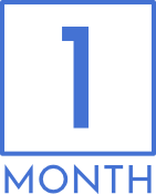 A square box with a large blue number "1" above the word "MONTH" in blue capital letters, indicating a period of one month.