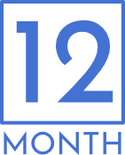 Blue and white graphic showing the number "12" above the word "MONTH" inside a squared border.