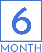 A blue number 6 inside a square with the word "MONTH" written below in capital letters.
