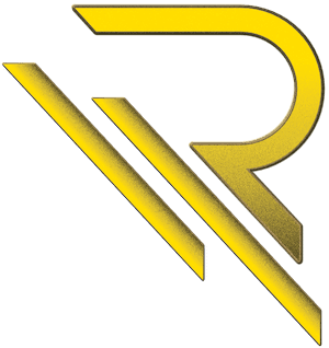 Yellow stylized letter "R" with two diagonal yellow lines intersecting its left side on a white background.
