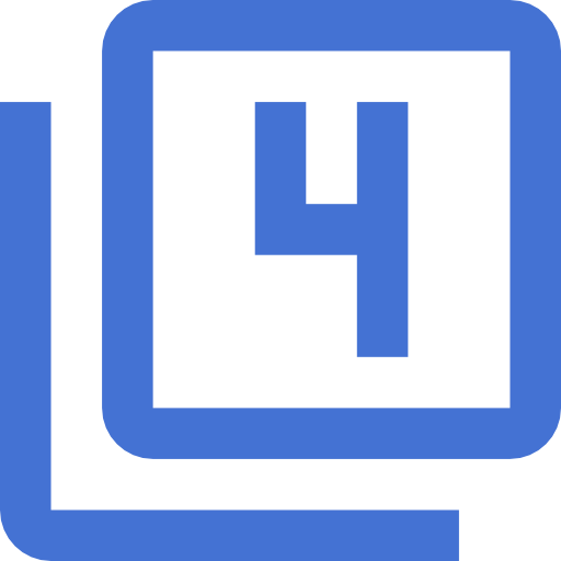 A blue number 4 inside a blue square with rounded corners, overlaid on another blue corner shape, on a light gray background.