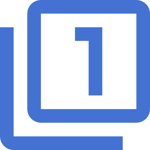 A blue geometric design features two overlapping squares with rounded corners and a blue numeral one inside the front square, on a light gray background.
