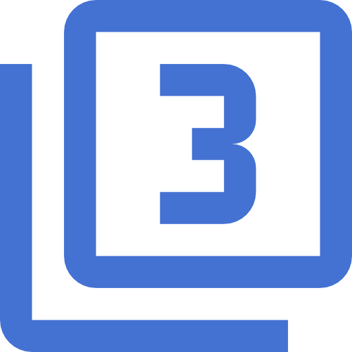 A blue number 3 is centered inside a blue square frame, with a partial square pattern extending from the left side, all on a light gray background.