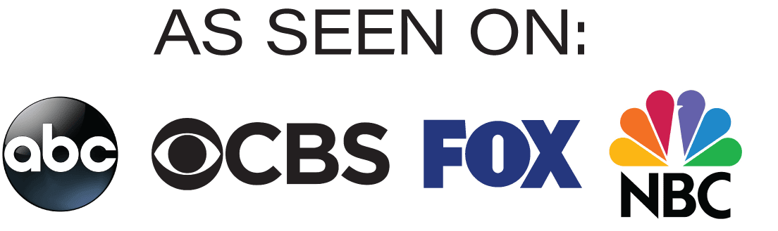 Text reads "As Seen On:" above the logos of ABC, CBS, FOX, and NBC television networks.