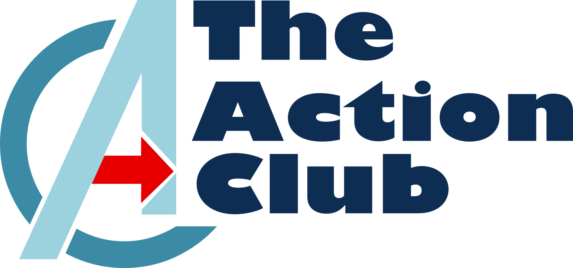 Logo with the words "The Action Club" in dark blue next to a stylized letter "A" with a red arrow and blue circular lines in the background.