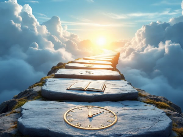 A stone path set among clouds features watch faces and a book carved into the stones, leading toward bright sunlight on the horizon.