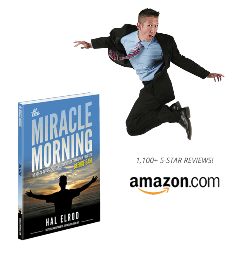 A man in a suit jumps in the air next to a copy of "The Miracle Morning" book by Hal Elrod, with Amazon.com logo and text stating "1,100+ 5-star reviews.