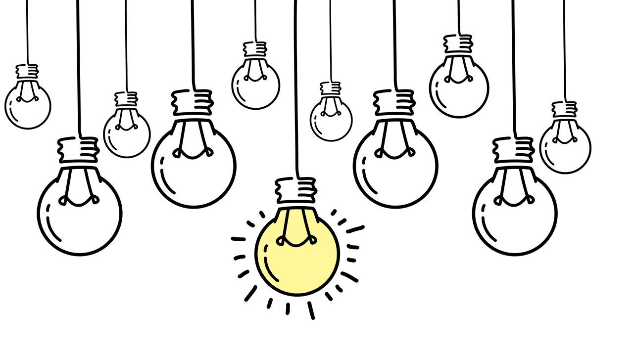 Several hanging light bulbs are shown, with one bulb in the center illuminated in yellow while the others are unlit.