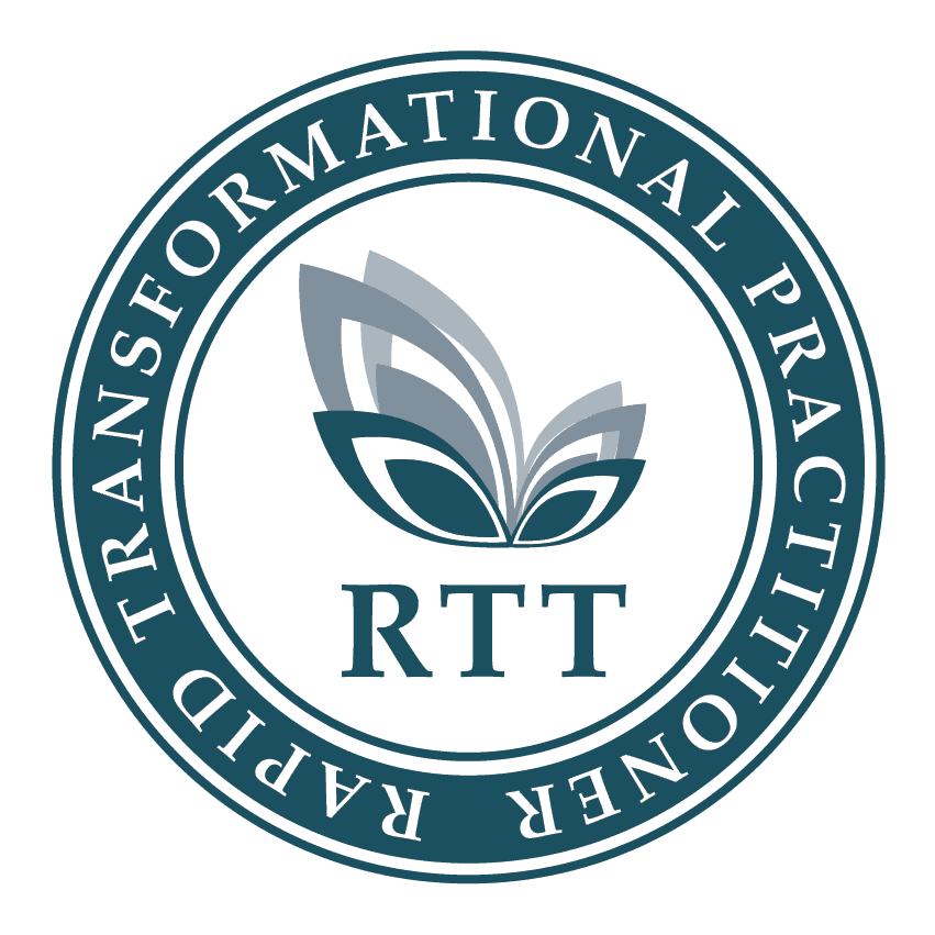 Logo circulaire avec texte « Rapid Transformational Practitioner », graphique en forme de feuille au centre et initiales « RTT » sous le graphique.